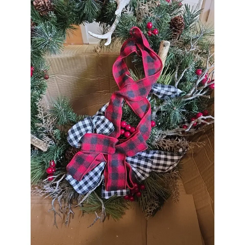 Handmade Buffalo Plaid Antler Branches Berries Branches Christmas Wreath 24